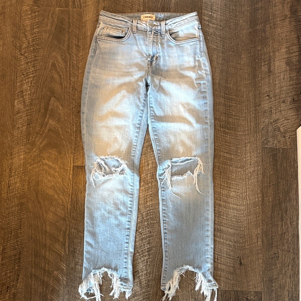 L'AGENCE Distressed Light Wash Skinny Jeans with Frayed Hem Size 25